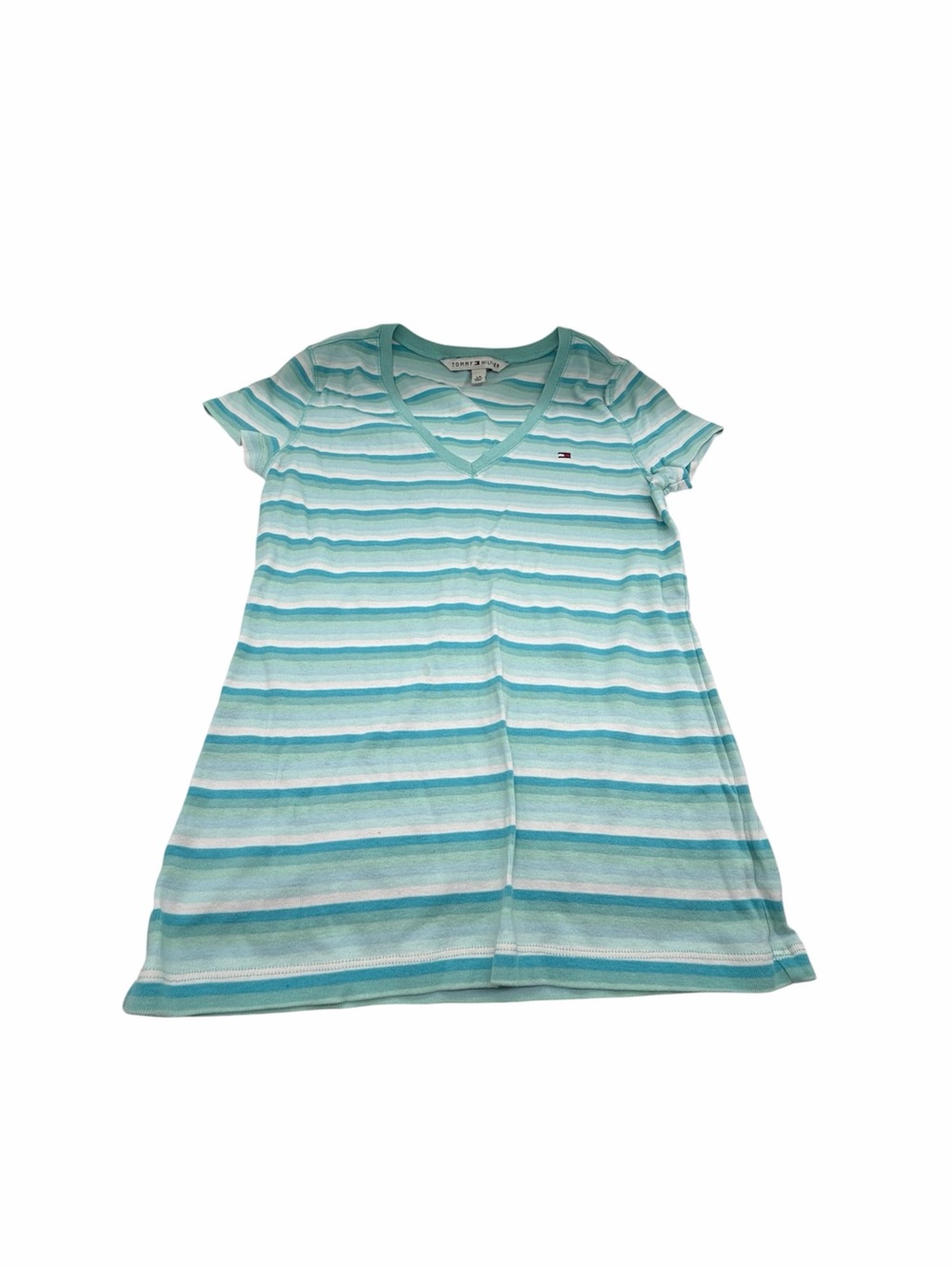 Tommy Hilfiger Striped V-Neck Tee Dress in Aqua & White